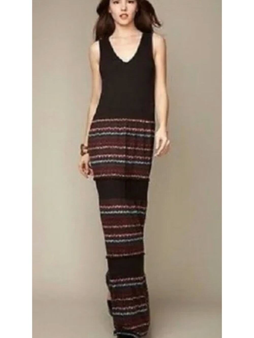 Free People Tiered Maxi Dress Pom Trim Striped Sleeveless Dress Small